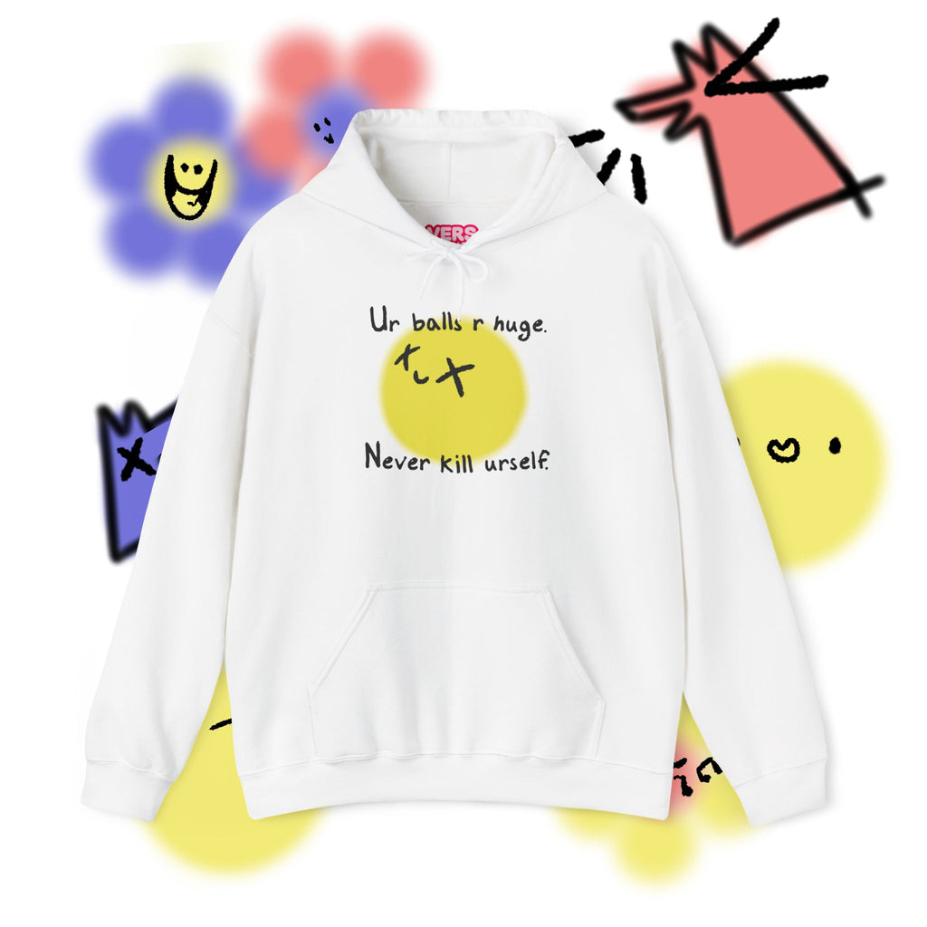The Never Kill Urself Hoodie | White Unisex Graphic Hoodie for Dark Humor, Ironic Streetwear & Mental Health Awareness