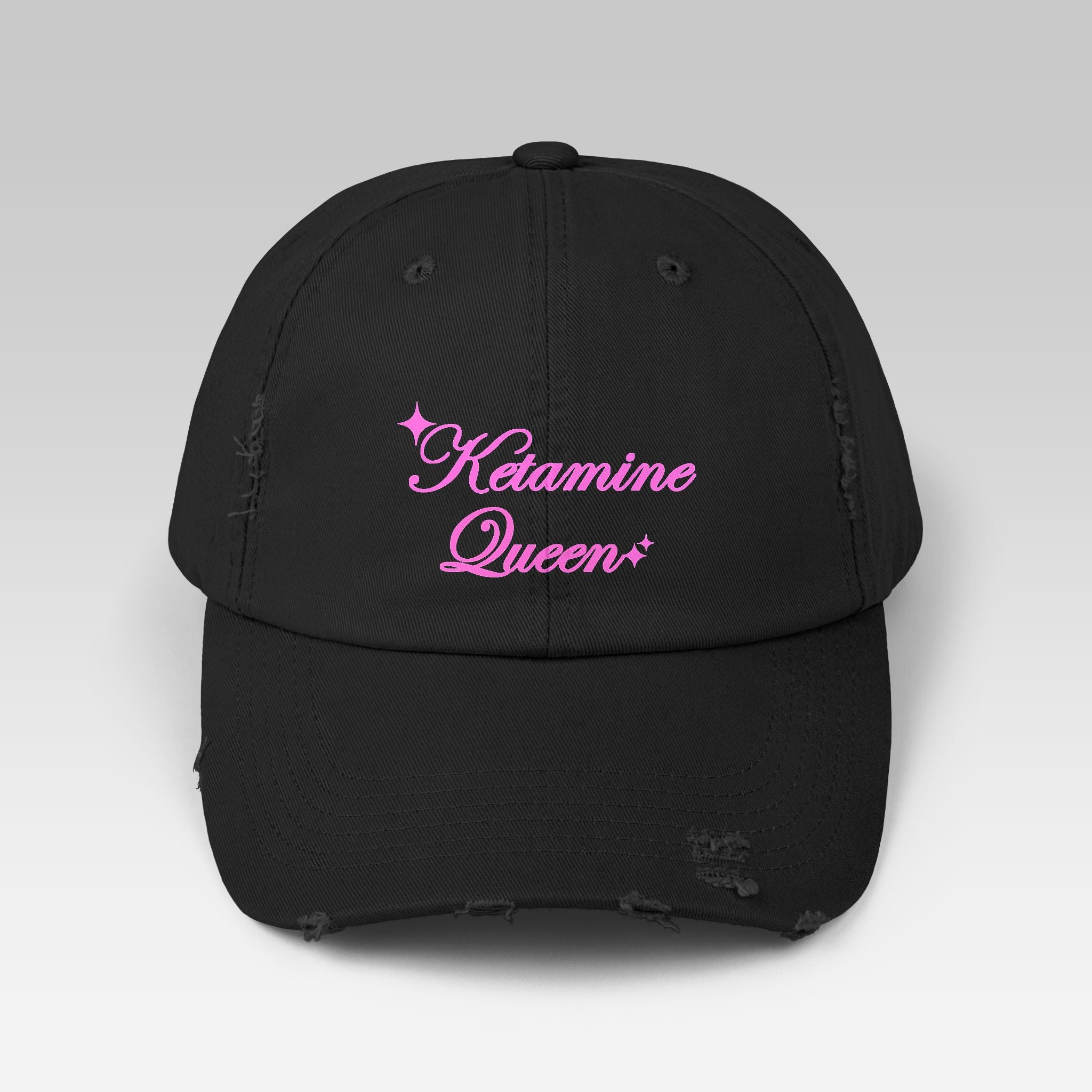Ketamine Queen Cap | Distressed Black Streetwear Hat for Ironic Fashion & Dark Humor