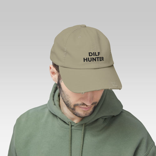 The DILF Hunter Hat | Distressed Khaki Cap with Bold Minimalist Statement Graphic