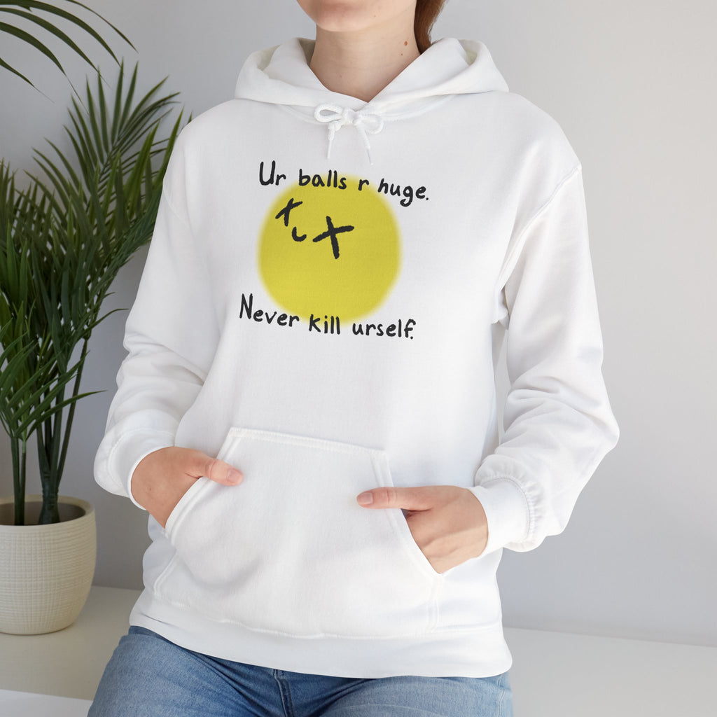 The Never Kill Urself Hoodie | White Unisex Graphic Hoodie for Dark Humor, Ironic Streetwear & Mental Health Awareness