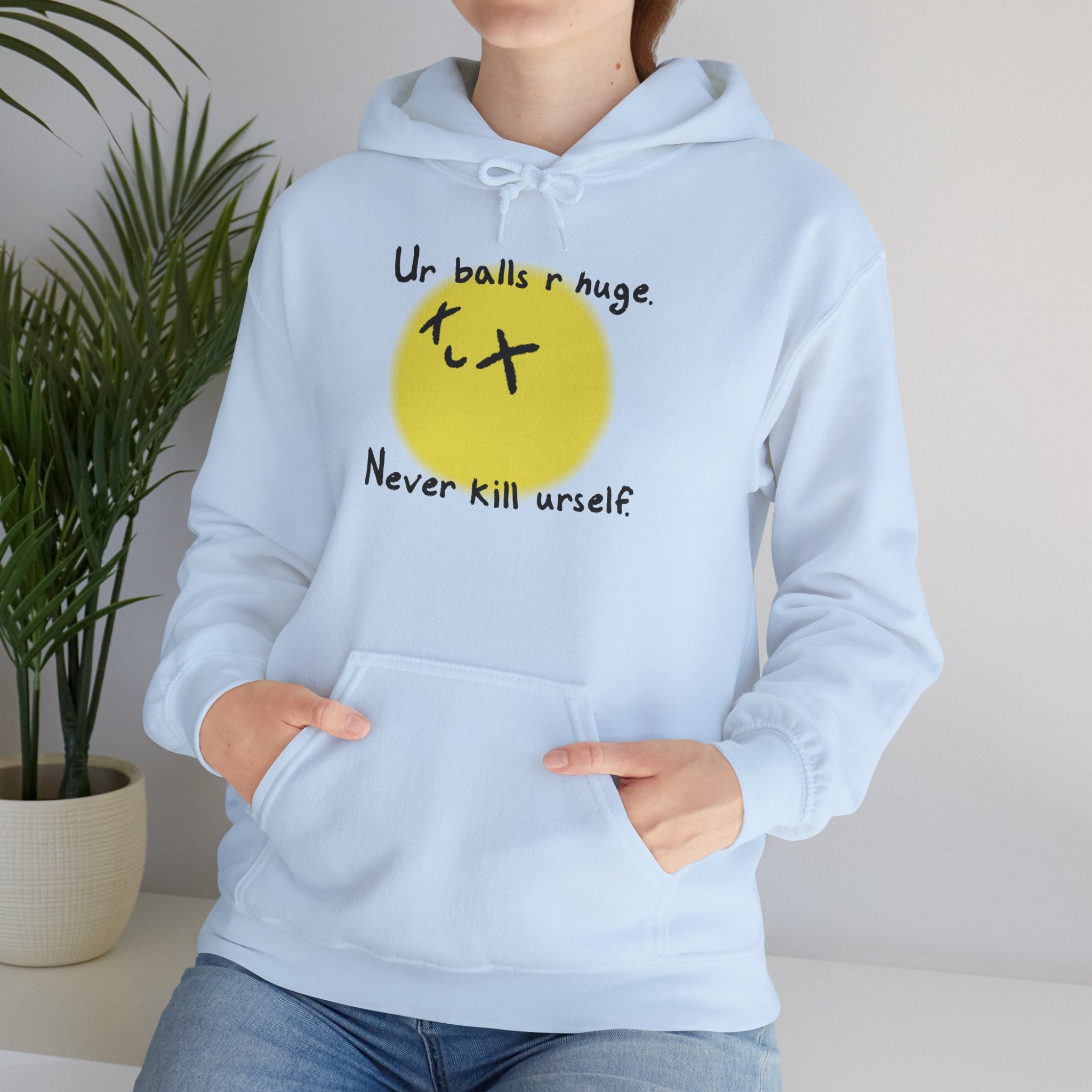 The Never Kill Urself Hoodie | White Unisex Graphic Hoodie for Dark Humor, Ironic Streetwear & Mental Health Awareness