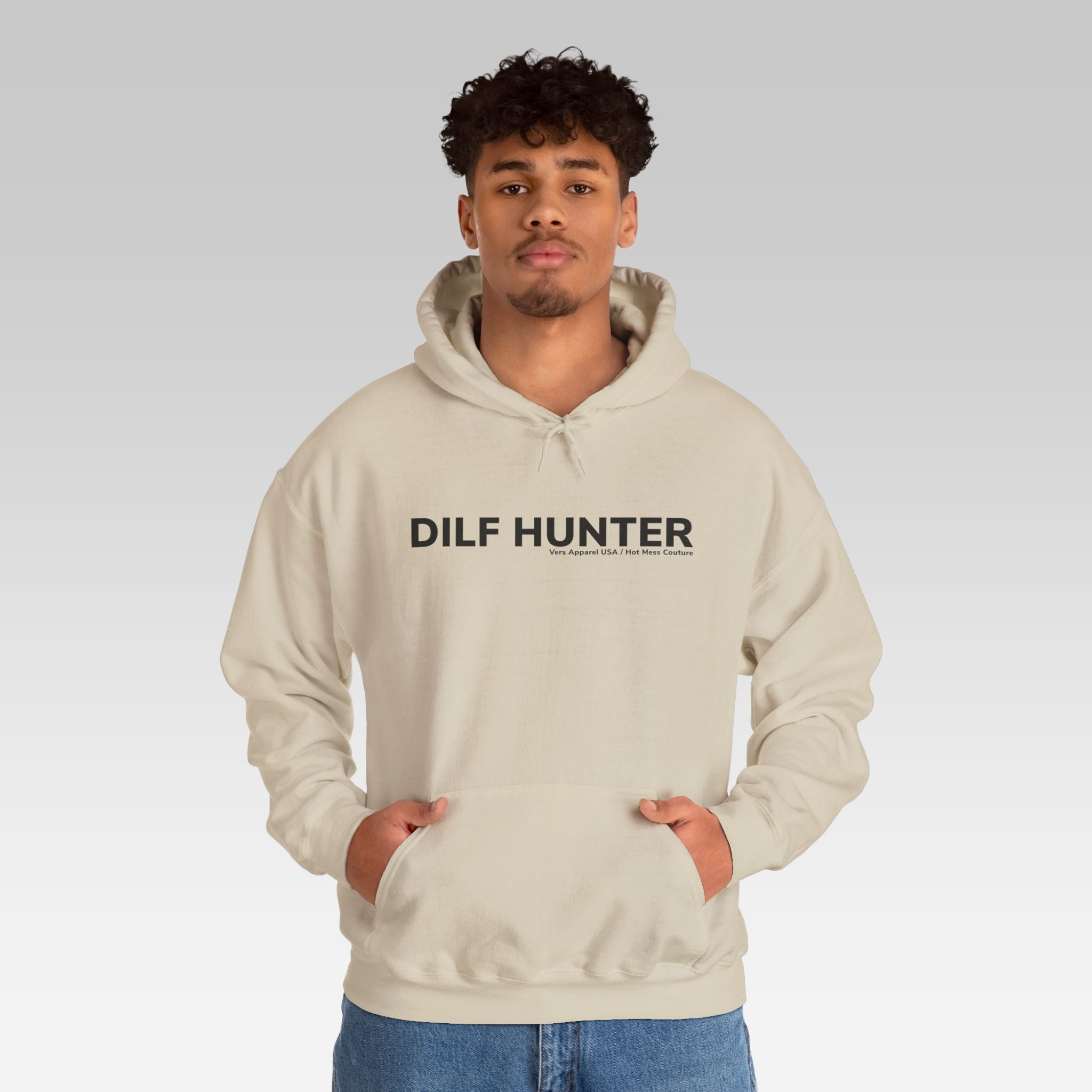 The DILF Hunter Hoodie | Minimalist Cream Streetwear Pullover with Bold Statement Graphic