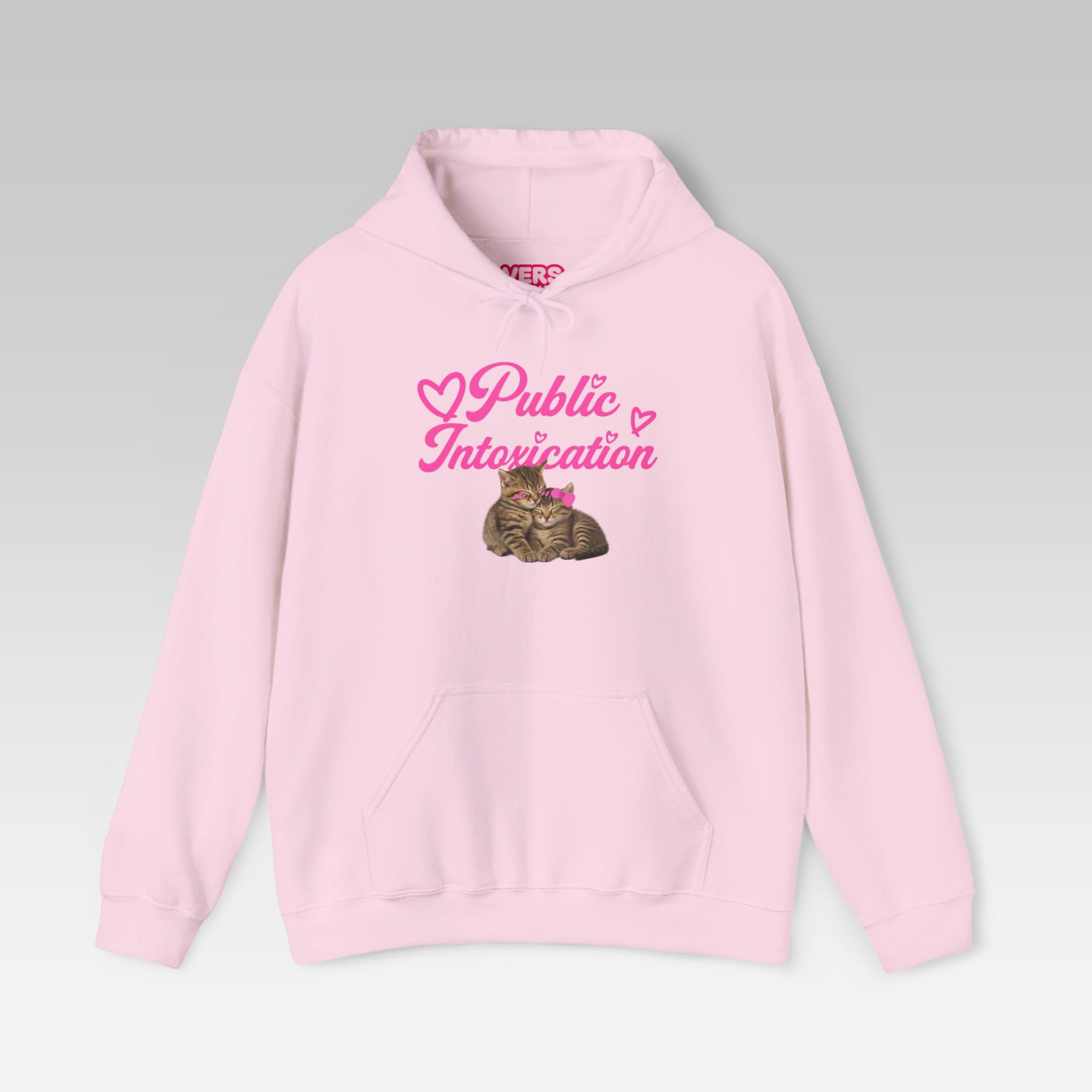 The Public Intoxication Hoodie | Pink Streetwear Pullover with Cute Cats & Party-Girl Chaos Aesthetic