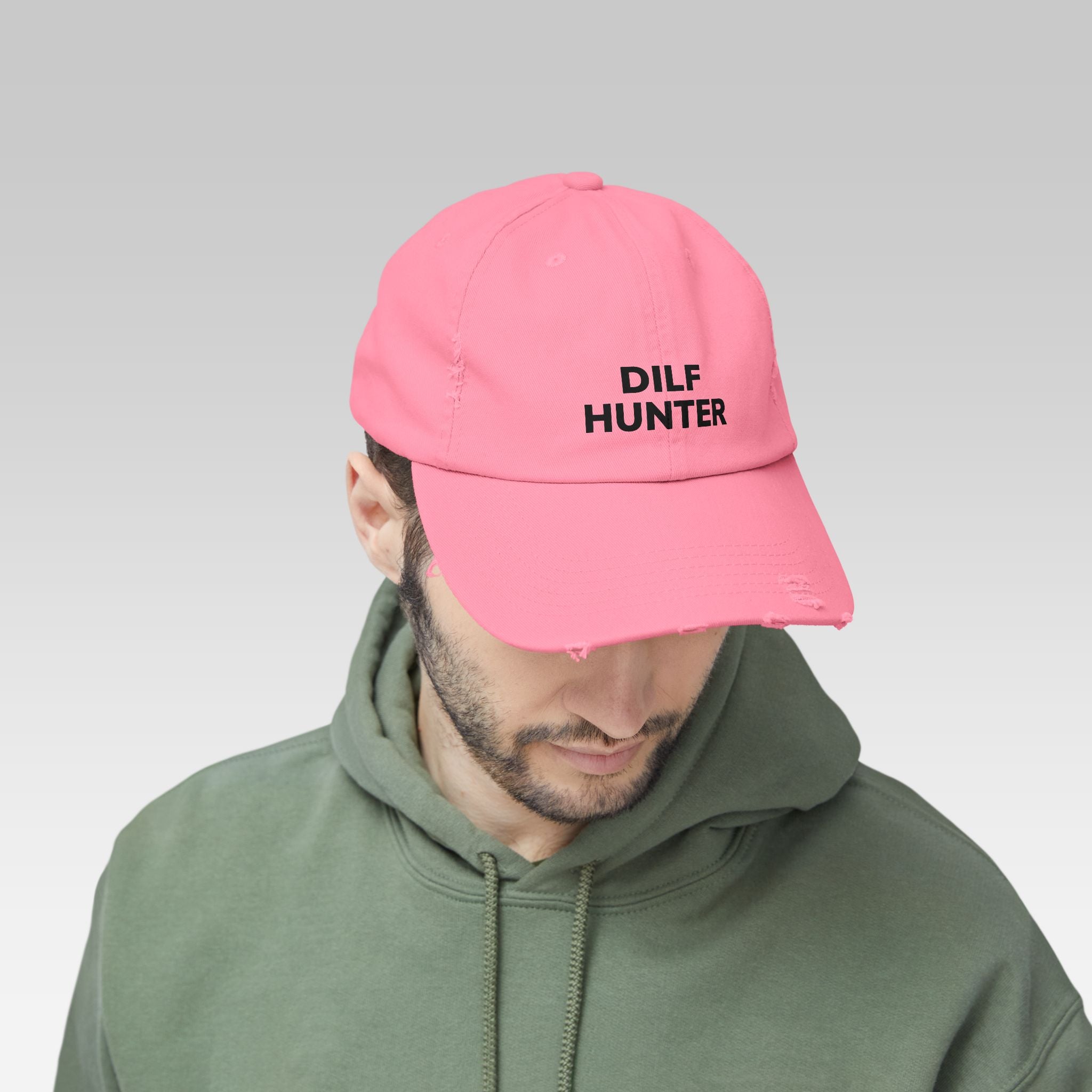 The DILF Hunter Hat | Distressed Khaki Cap with Bold Minimalist Statement Graphic