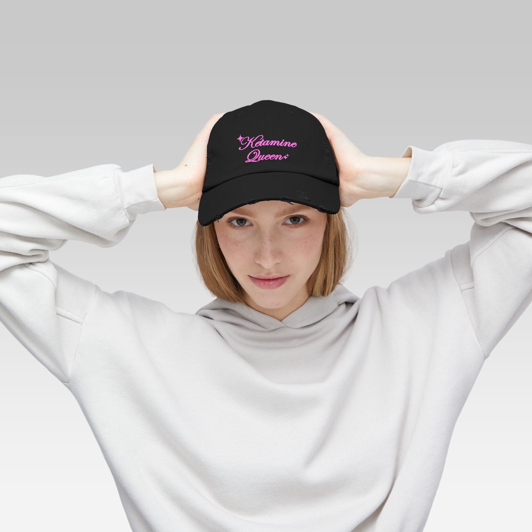 Ketamine Queen Cap | Distressed Black Streetwear Hat for Ironic Fashion & Dark Humor