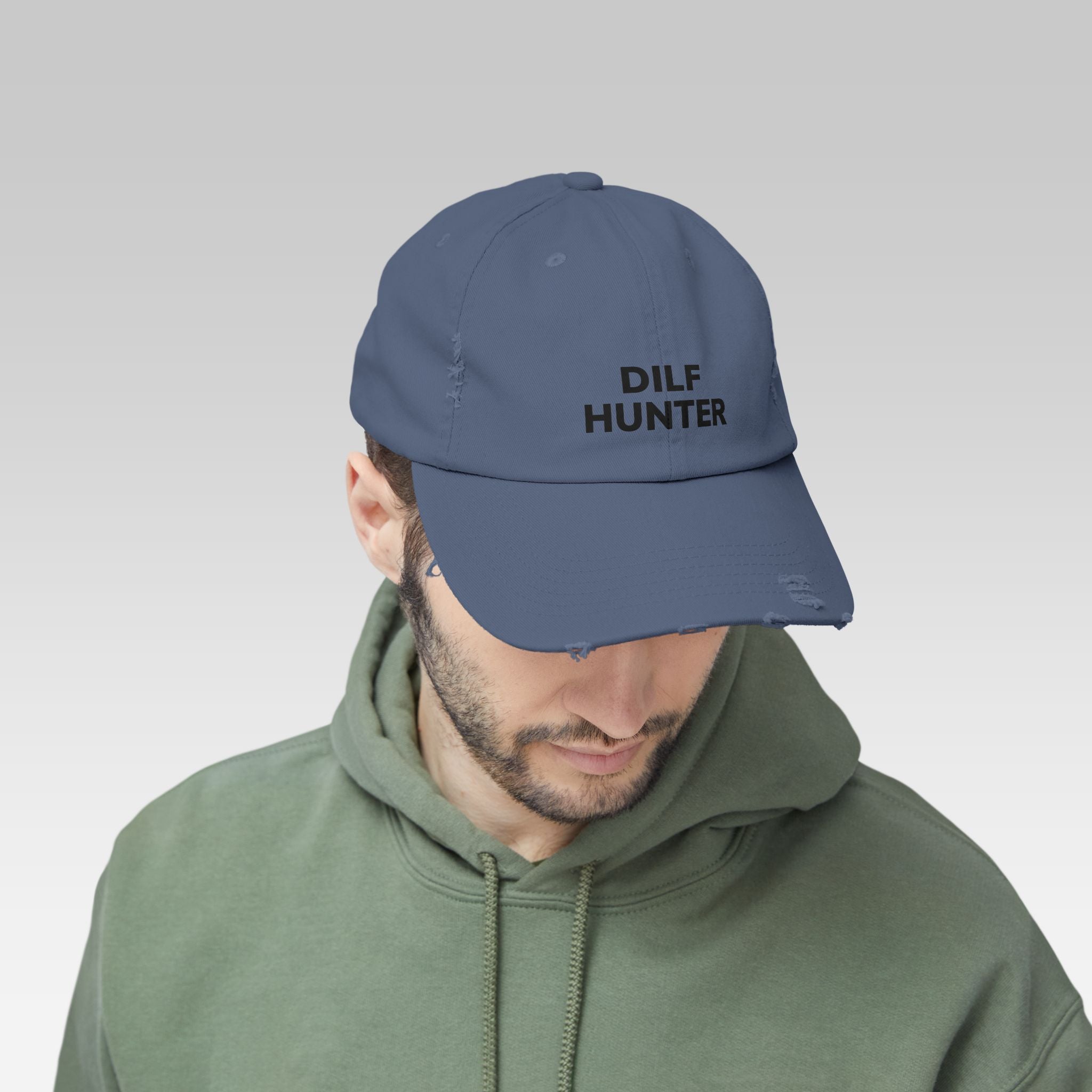The DILF Hunter Hat | Distressed Khaki Cap with Bold Minimalist Statement Graphic