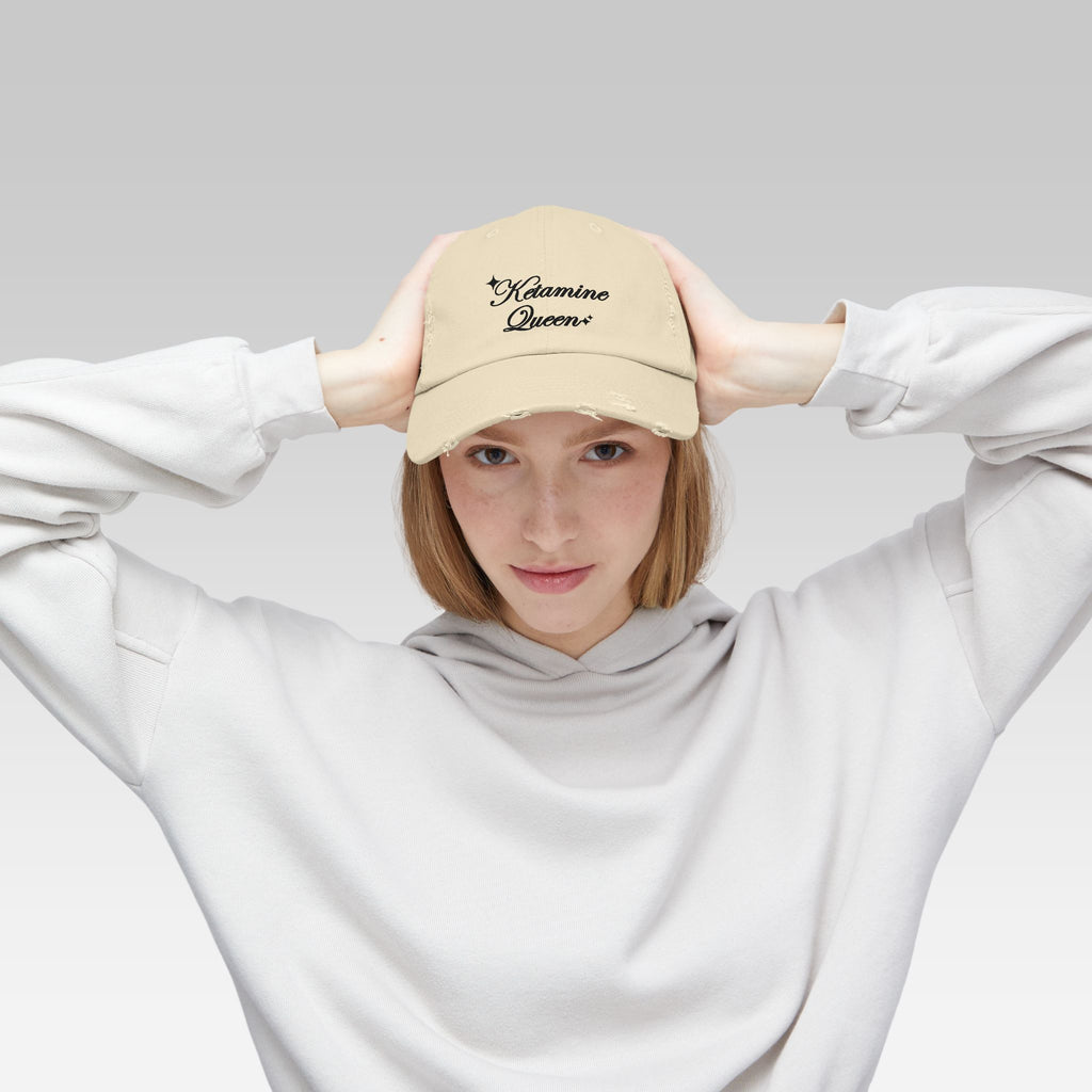Ketamine Queen Cap | Distressed Black Streetwear Hat for Ironic Fashion & Dark Humor