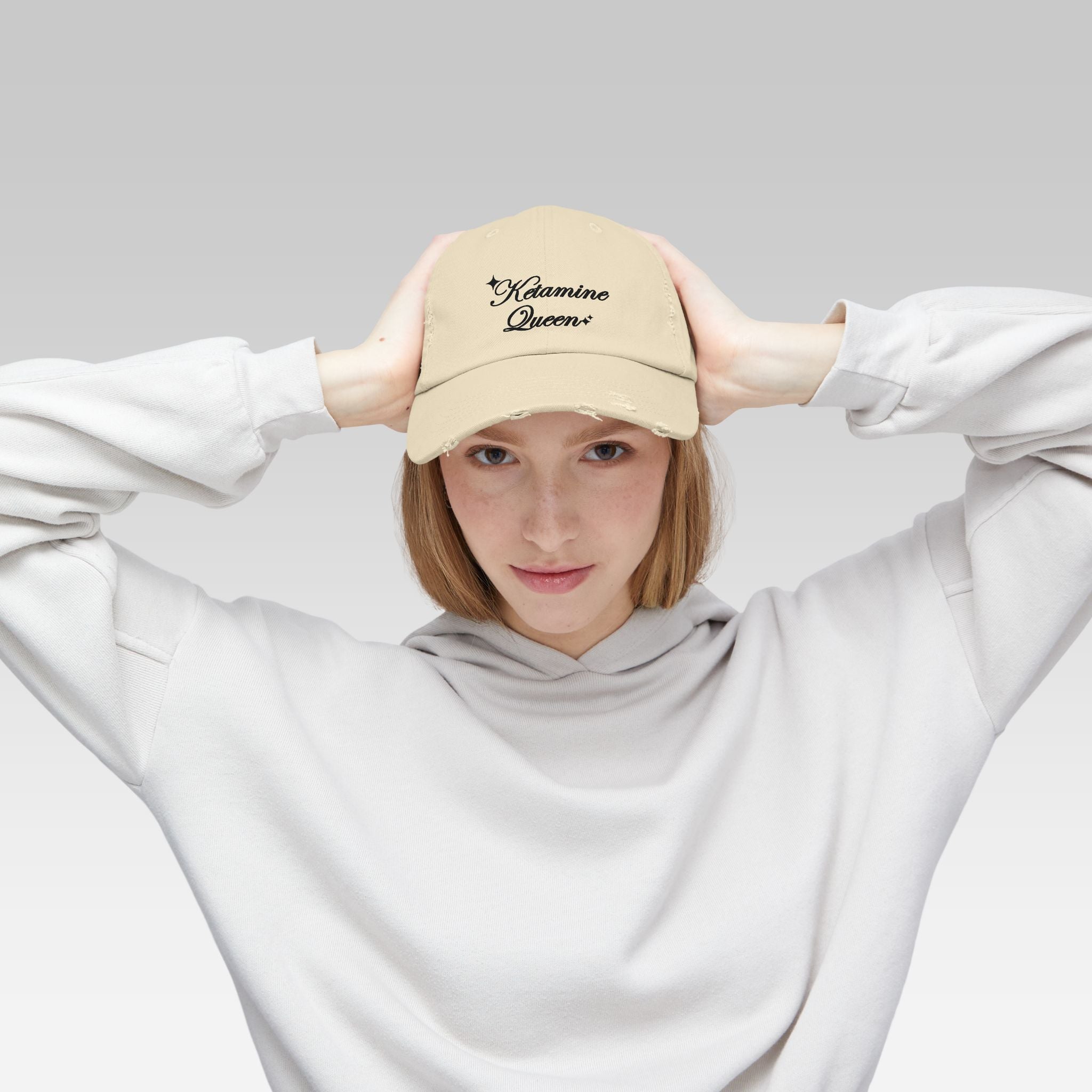 Ketamine Queen Cap | Distressed Black Streetwear Hat for Ironic Fashion & Dark Humor