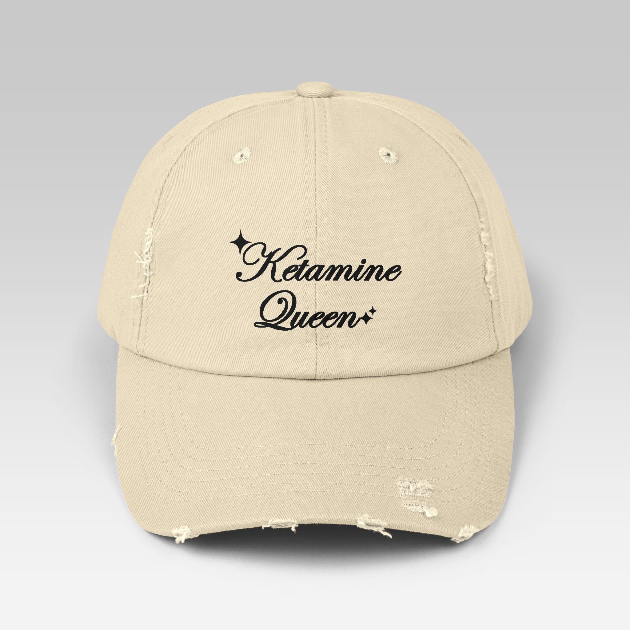 Ketamine Queen Cap | Distressed Black Streetwear Hat for Ironic Fashion & Dark Humor
