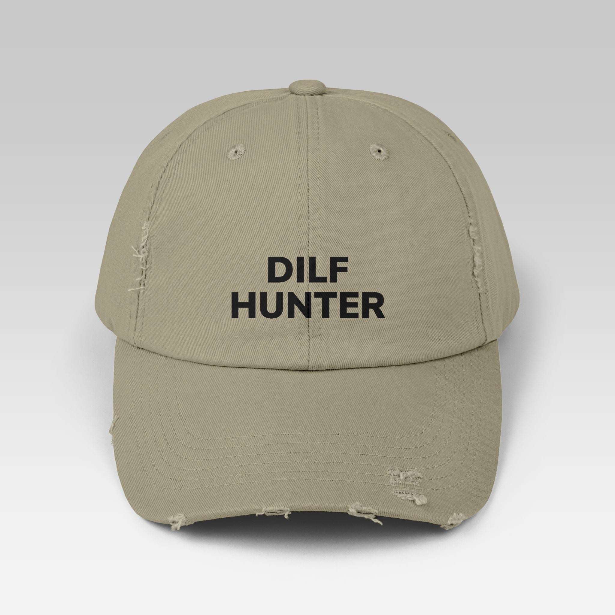 The DILF Hunter Hat | Distressed Khaki Cap with Bold Minimalist Statement Graphic